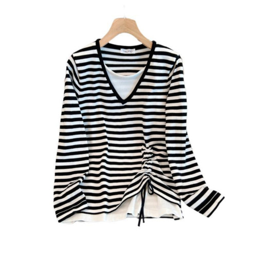 早秋季新款中長款拼接假兩件條紋設計感胖MM2-300斤超大碼上衣T恤