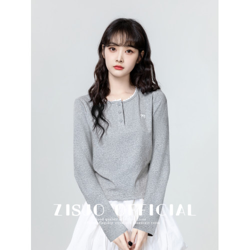 灰色長袖t恤女2026春秋季新款韓版蕾絲邊內搭打底衫顯瘦短款上衣