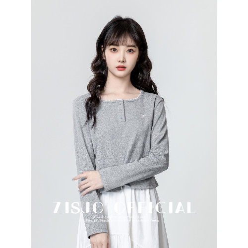 灰色長袖t恤女2026春秋季新款韓版蕾絲邊內搭打底衫顯瘦短款上衣