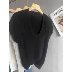 淺灰色薄款U領針織短袖上衣2025夏季新款爆款高級感修身短款T恤女