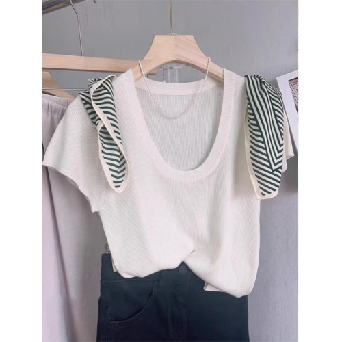 淺灰色薄款U領針織短袖上衣2025夏季新款爆款高級感修身短款T恤女