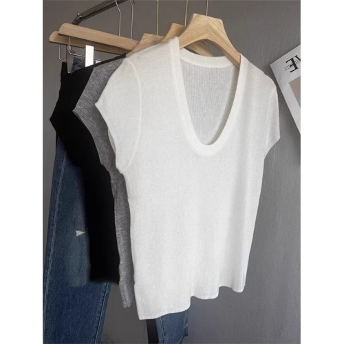 淺灰色薄款U領針織短袖上衣2025夏季新款爆款高級感修身短款T恤女