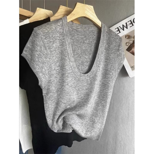 淺灰色薄款U領針織短袖上衣2025夏季新款爆款高級感修身短款T恤女