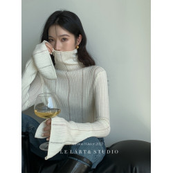 2023秋冬新款韓版設計感喇叭袖修身內搭針織衫小衆基礎高領毛衣女