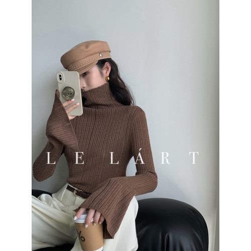 2023秋冬新款韓版設計感喇叭袖修身內搭針織衫小衆基礎高領毛衣女