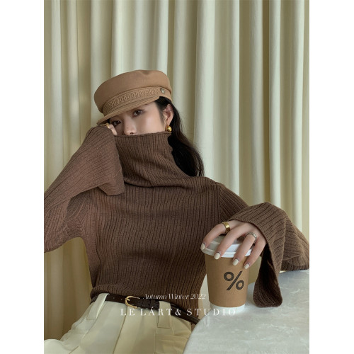 2023秋冬新款韓版設計感喇叭袖修身內搭針織衫小衆基礎高領毛衣女