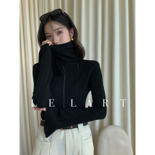 2023秋冬新款韓版設計感喇叭袖修身內搭針織衫小衆基礎高領毛衣女