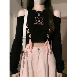 甜辣露肩針織長袖T恤女春秋新款大碼胖妹妹綁帶蝴蝶修身顯瘦上衣