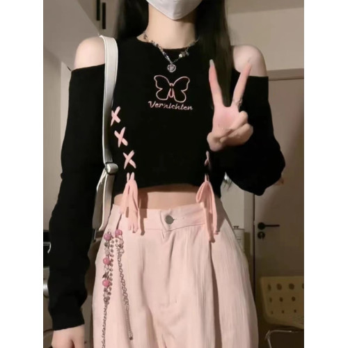 甜辣露肩針織長袖T恤女春秋新款大碼胖妹妹綁帶蝴蝶修身顯瘦上衣 甜辣露肩針織長袖T恤女春秋新款大碼胖妹妹綁帶蝴蝶修身顯瘦上衣