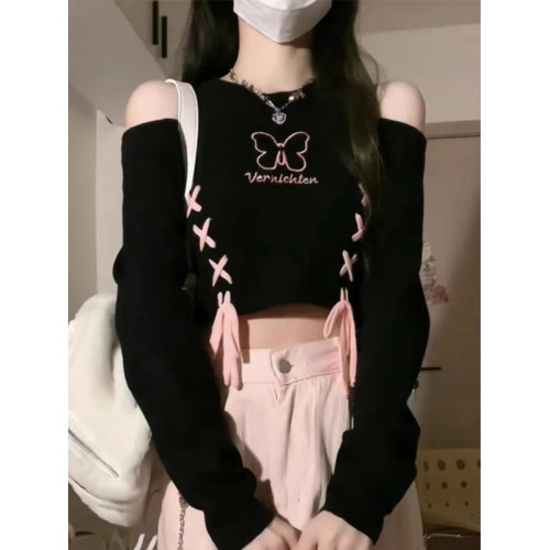 甜辣露肩針織長袖T恤女春秋新款大碼胖妹妹綁帶蝴蝶修身顯瘦上衣 甜辣露肩針織長袖T恤女春秋新款大碼胖妹妹綁帶蝴蝶修身顯瘦上衣