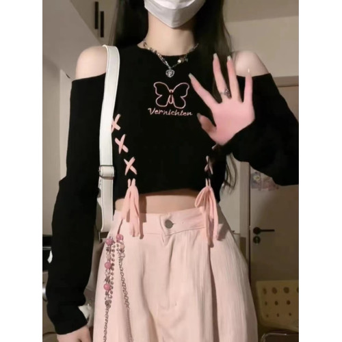 甜辣露肩針織長袖T恤女春秋新款大碼胖妹妹綁帶蝴蝶修身顯瘦上衣 甜辣露肩針織長袖T恤女春秋新款大碼胖妹妹綁帶蝴蝶修身顯瘦上衣