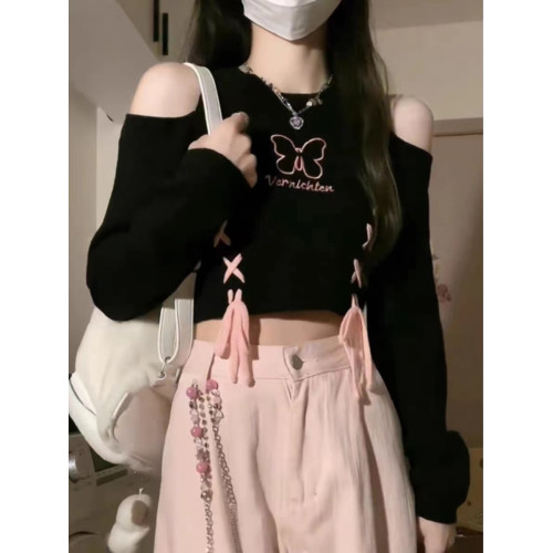 甜辣露肩針織長袖T恤女春秋新款大碼胖妹妹綁帶蝴蝶修身顯瘦上衣 甜辣露肩針織長袖T恤女春秋新款大碼胖妹妹綁帶蝴蝶修身顯瘦上衣