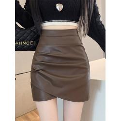 千禧辣妹緊身包臀pu皮短裙女秋季款高腰顯瘦不規則a字褶皺半身裙