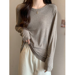 軟糯親膚彈力圓領長袖T恤女內搭2025春秋寬松洋氣簡約上衣打底衫