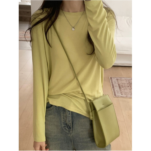 軟糯親膚彈力圓領長袖T恤女內搭2025春秋寬松洋氣簡約上衣打底衫