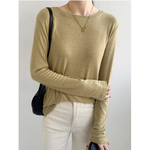 軟糯親膚彈力圓領長袖T恤女內搭2025春秋寬松洋氣簡約上衣打底衫