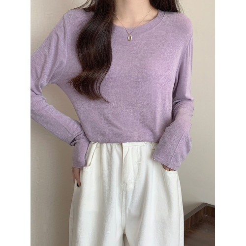 軟糯親膚彈力圓領長袖T恤女內搭2025春秋寬松洋氣簡約上衣打底衫