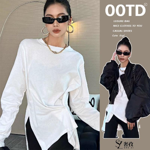 白色內搭t恤女裝2025早秋新款圓領不規則修身收腰開叉上衣打底衫 白色內搭t恤女裝2025早秋新款圓領不規則修身收腰開叉上衣打底衫