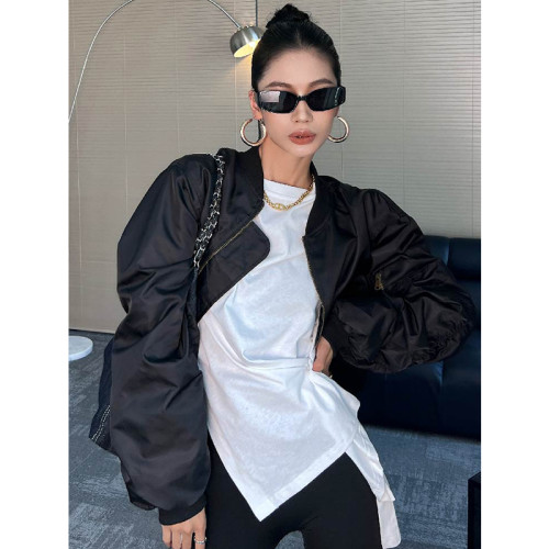 白色內搭t恤女裝2025早秋新款圓領不規則修身收腰開叉上衣打底衫 白色內搭t恤女裝2025早秋新款圓領不規則修身收腰開叉上衣打底衫