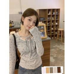 花邊拼接長袖t恤女秋冬灰色修身打底衫內搭別致bm風甜辣短款上衣