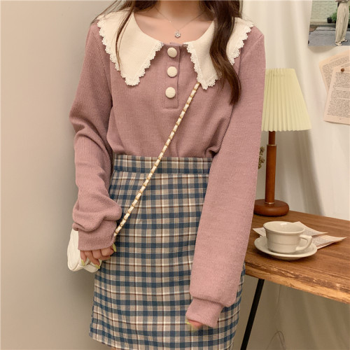 大碼胖mm娃娃領長袖針織襯衫春秋2025新款寬松打底上衣外穿毛衣女