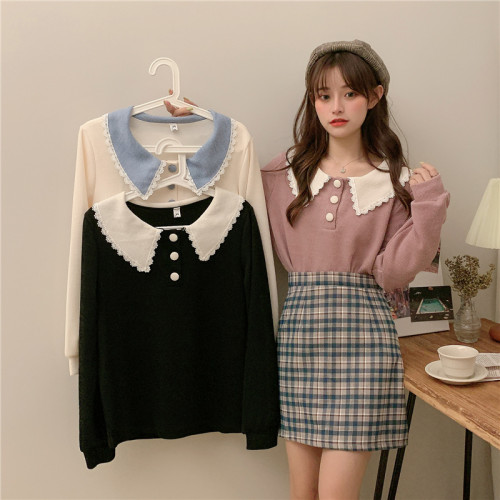 大碼胖mm娃娃領長袖針織襯衫春秋2025新款寬松打底上衣外穿毛衣女