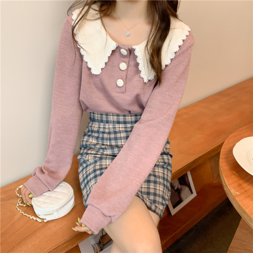 大碼胖mm娃娃領長袖針織襯衫春秋2025新款寬松打底上衣外穿毛衣女