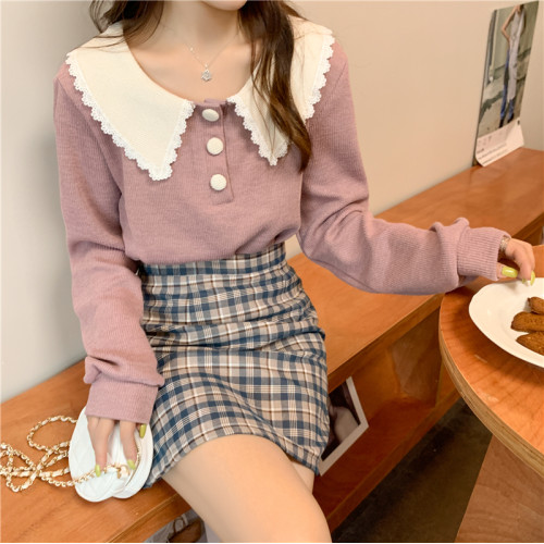 大碼胖mm娃娃領長袖針織襯衫春秋2025新款寬松打底上衣外穿毛衣女