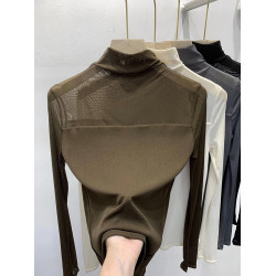 純色半高領蕾絲打底衫女內搭2025秋冬新款網紗上衣雪紡長袖t恤潮