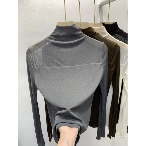 純色半高領蕾絲打底衫女內搭2025秋冬新款網紗上衣雪紡長袖t恤潮