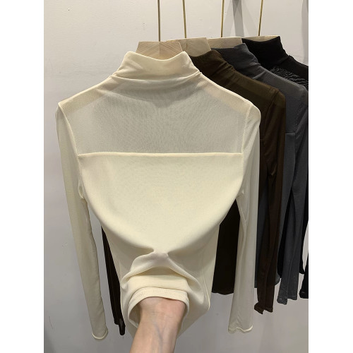 純色半高領蕾絲打底衫女內搭2025秋冬新款網紗上衣雪紡長袖t恤潮