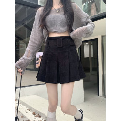 大碼胖mm燈芯絨百褶短裙女新款a字裙子復古百搭高腰顯瘦半身裙潮