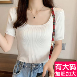 大碼白色短袖t恤女夏季胖mm方領短款針織衫胖妹妹遮肚子冰絲上衣