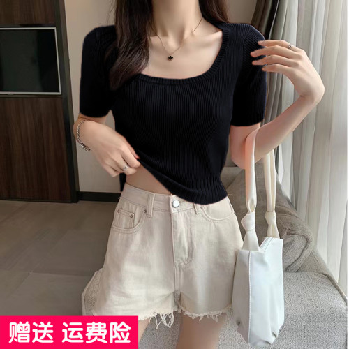 大碼白色短袖t恤女夏季胖mm方領短款針織衫胖妹妹遮肚子冰絲上衣