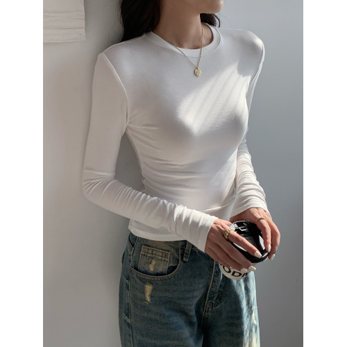 2025春秋冬緊身正肩磨毛加薄絨修身內搭長袖中腰上衣打底衫t恤女