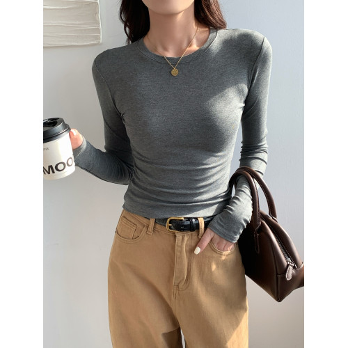 2025春秋冬緊身正肩磨毛加薄絨修身內搭長袖中腰上衣打底衫t恤女