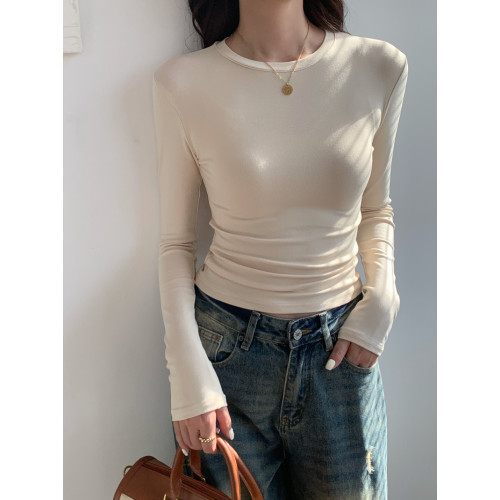 2025春秋冬緊身正肩磨毛加薄絨修身內搭長袖中腰上衣打底衫t恤女