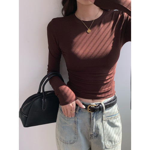 2025春秋冬緊身正肩磨毛加薄絨修身內搭長袖中腰上衣打底衫t恤女