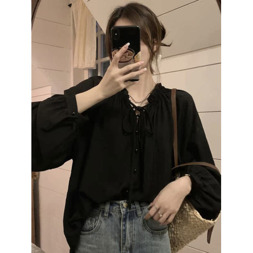 白色系帶長袖襯衫女夏薄款法式燈籠袖娃娃衫設計感小衆上衣白襯衣