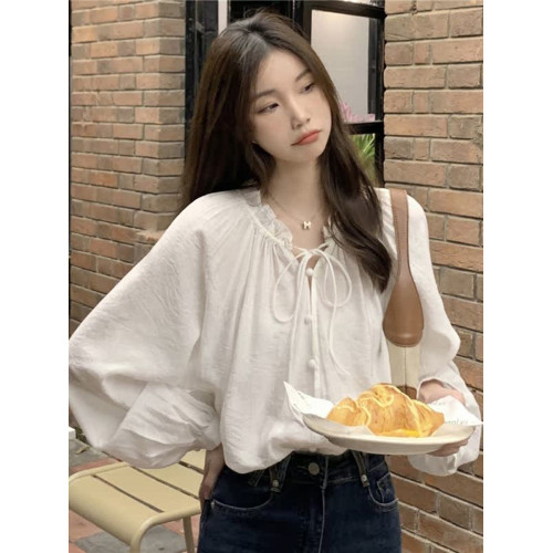 白色系帶長袖襯衫女夏薄款法式燈籠袖娃娃衫設計感小衆上衣白襯衣