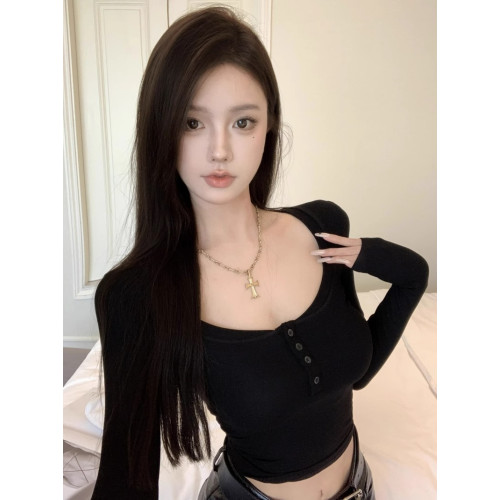 純欲辣妹風性感低領黑色長袖T恤女春秋修身高腰露臍短款Y2K上衣冬