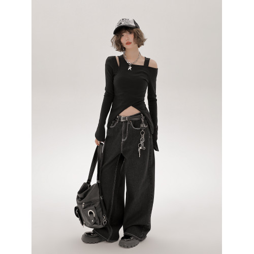 Girlyhalo美式辣妹長袖t恤女2024新款一字肩露鎖骨修身顯瘦上衣