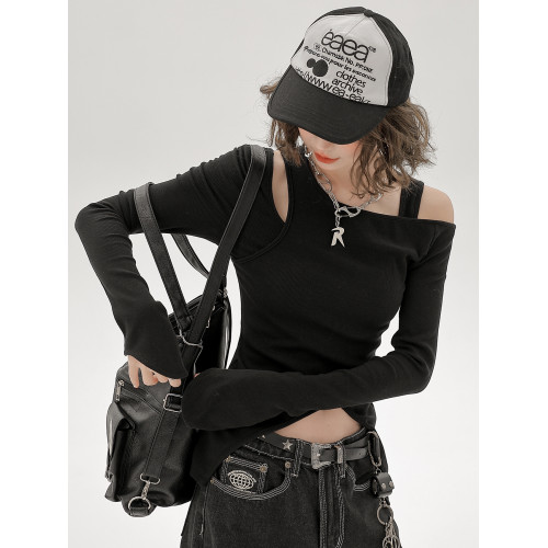 Girlyhalo美式辣妹長袖t恤女2024新款一字肩露鎖骨修身顯瘦上衣