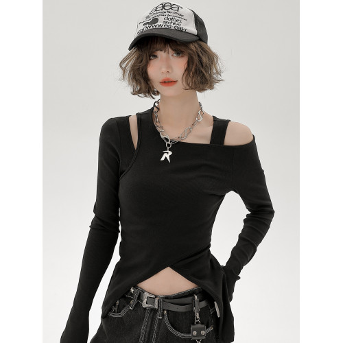 Girlyhalo美式辣妹長袖t恤女2024新款一字肩露鎖骨修身顯瘦上衣