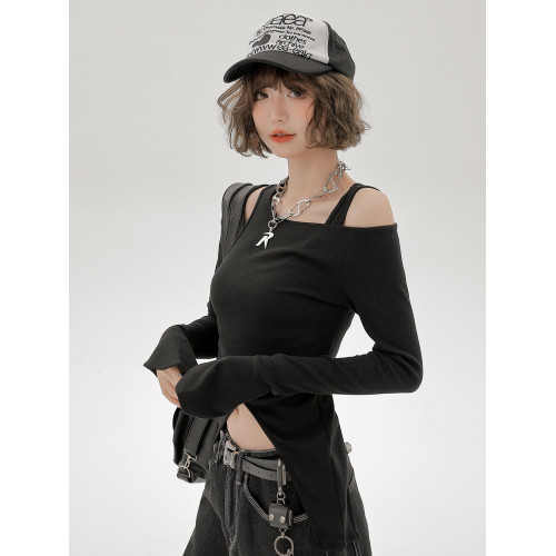 Girlyhalo美式辣妹長袖t恤女2024新款一字肩露鎖骨修身顯瘦上衣