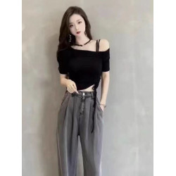 露肩抽繩短袖T恤女夏季2024新款別致辣妹鎖骨一字肩上衣純欲短款