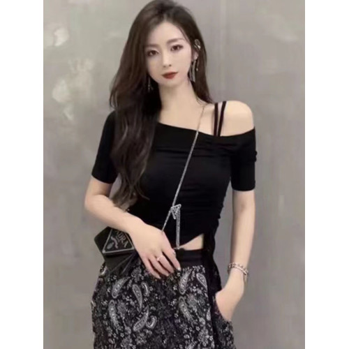 露肩抽繩短袖T恤女夏季2024新款別致辣妹鎖骨一字肩上衣純欲短款