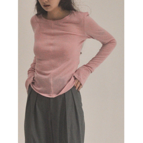 秋季穿搭韓系長袖白色微透針織打底衫女秋冬修身正肩T恤內搭上衣 秋季穿搭韓系長袖白色微透針織打底衫女秋冬修身正肩T恤內搭上衣