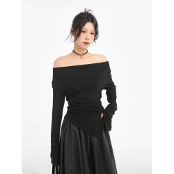 黑色不規則一字肩長袖t恤女初秋內搭可外穿斜肩打底衫上衣早秋季