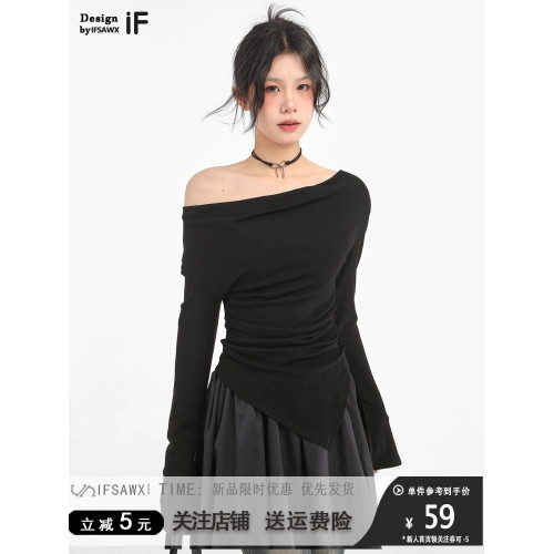 黑色不規則一字肩長袖t恤女初秋內搭可外穿斜肩打底衫上衣早秋季